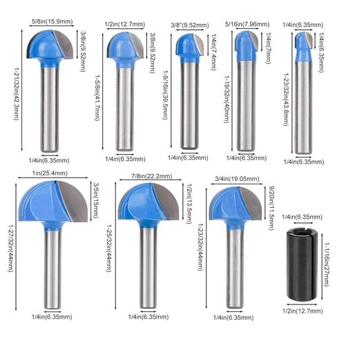 8pcs Cove Box Router Bit Set, 1/4" Shank Round Nose Core Box Router Bits with Conversion Shank, 1/4" to 1" Cutting Diameter Woodworking Tool for Juice Grooves and Coves Cutting in Kuwait