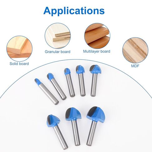 8pcs Cove Box Router Bit Set, 1/4" Shank Round Nose Core Box Router Bits with Conversion Shank, 1/4" to 1" Cutting Diameter Woodworking Tool for Juice Grooves and Coves Cutting in Kuwait
