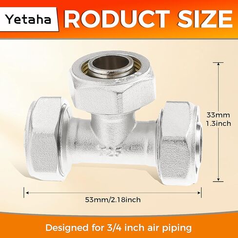 Yetaha 2PCS 3/4" Tee Air Piping Fittings, Brass Nickel-Plated Surface, Air Line Fittings for Shop Garage Compressed Air Tube System 200PSI Working Pressure in Kuwait