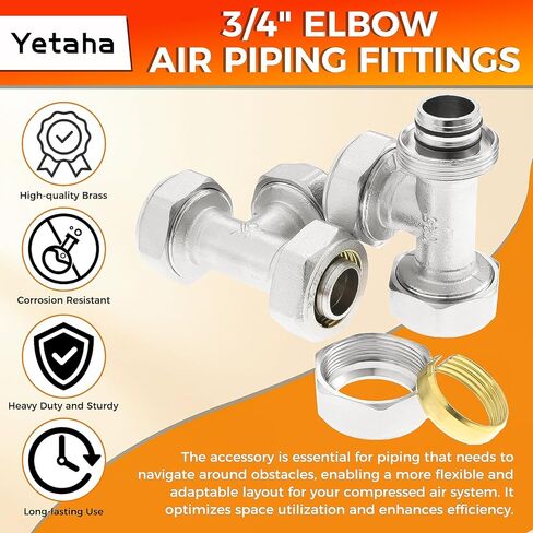 Yetaha 2PCS 3/4" Tee Air Piping Fittings, Brass Nickel-Plated Surface, Air Line Fittings for Shop Garage Compressed Air Tube System 200PSI Working Pressure in Kuwait