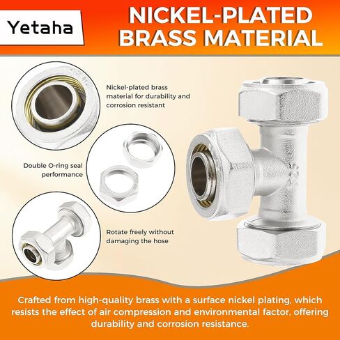 Yetaha 2PCS 3/4" Tee Air Piping Fittings, Brass Nickel-Plated Surface, Air Line Fittings for Shop Garage Compressed Air Tube System 200PSI Working Pressure in Kuwait