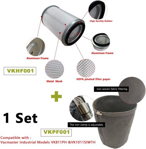 1 حزمة Amigriki VKHF001 خرطوشة فلتر HEPA للمكنسة الكهربائية و1 حزمة VKPF001 مرشح مسبق مع مشبك متوافق مع نماذج Vacmaster الصناعية VK811PH وVK1011SIWTH ملحقات المكنسة الكهربائية in Kuwait