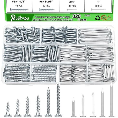 320Pcs Premium Hardware Nails & High Hardness Wood Screws Assortment Kit,11 Sizes (1/2"-2"),Phillips Drive Flat Head, Wood Screws,Galvanized,Picture Hanging,Wood,Common Nails with Storage Box in Saudi Arabia