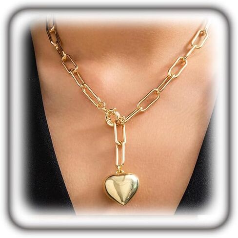 Rrdaily Chunky Heart Pendant Paperclip Chain Choker for Women Geometric Gold Plated Long Love Link Y Necklace Minimalist Punk Statement Jewelry Gifts in Saudi Arabia