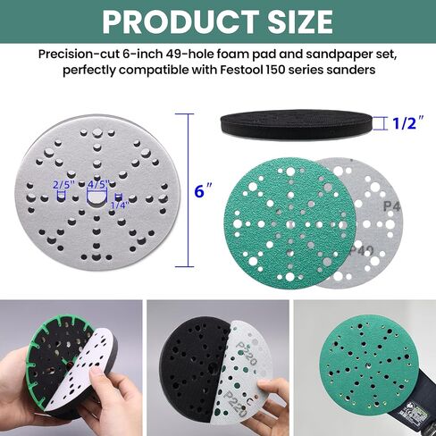 6 Inch Foam Pads & Sanding Discs Kit, Hook and Loop Tear-Resistant 49 Hole Film Sandpaper 40-320 Grit for Auto Body Metal Wood, Compatible with Festool ETS 150 Orbital Sanders - 42 Pack in Kuwait