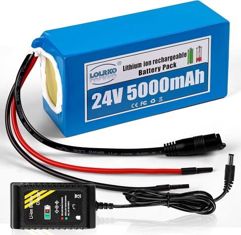 24V 5Ah Lithium Ion Battery Pack with Charger, Rechargeable Li-ion Battery with Bare Wire & DC Plug for DIY Bluetooth Speaker, Amplifier, LED Strip and Other Low-Power 24V Devices in Kuwait