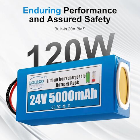 24V 5Ah Lithium Ion Battery Pack with Charger, Rechargeable Li-ion Battery with Bare Wire & DC Plug for DIY Bluetooth Speaker, Amplifier, LED Strip and Other Low-Power 24V Devices in Kuwait
