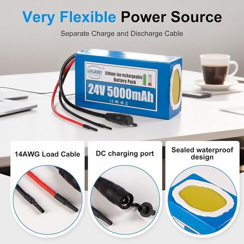 24V 5Ah Lithium Ion Battery Pack with Charger, Rechargeable Li-ion Battery with Bare Wire & DC Plug for DIY Bluetooth Speaker, Amplifier, LED Strip and Other Low-Power 24V Devices in Kuwait