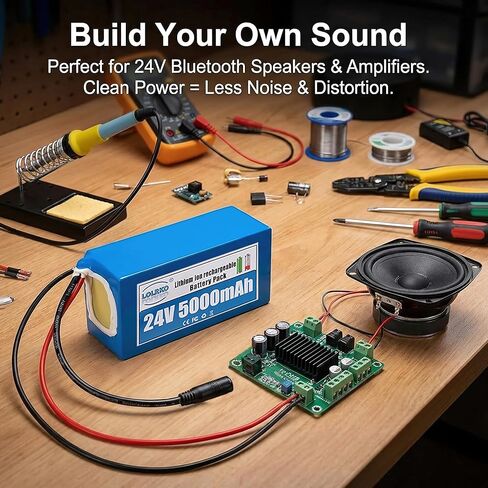 24V 5Ah Lithium Ion Battery Pack with Charger, Rechargeable Li-ion Battery with Bare Wire & DC Plug for DIY Bluetooth Speaker, Amplifier, LED Strip and Other Low-Power 24V Devices in Kuwait