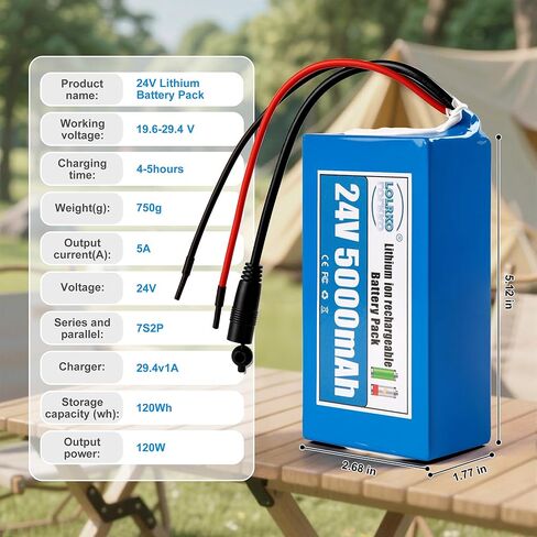 24V 5Ah Lithium Ion Battery Pack with Charger, Rechargeable Li-ion Battery with Bare Wire & DC Plug for DIY Bluetooth Speaker, Amplifier, LED Strip and Other Low-Power 24V Devices in Kuwait