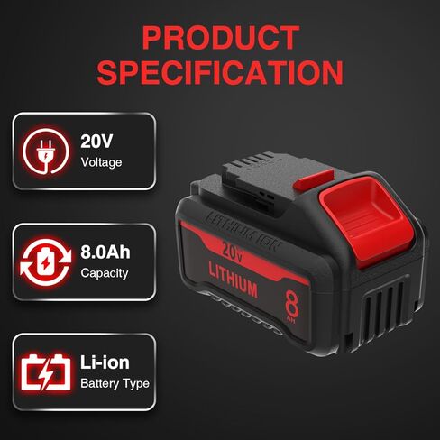 8.0Ah Replacement Battery for 20V Battery, 20 Volt Batteries Compatible with Dewalt DCB200 DCB201 DCB203 DCB204 DCB206 DCB207 DCB208 DCD DCF DCG Series Cordless Power Tools (2Pack) in Kuwait