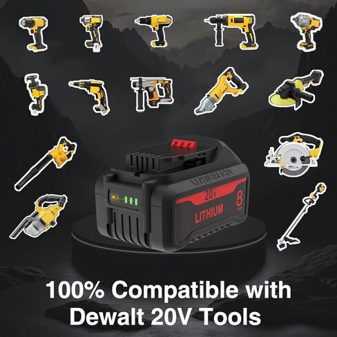8.0Ah Replacement Battery for 20V Battery, 20 Volt Batteries Compatible with Dewalt DCB200 DCB201 DCB203 DCB204 DCB206 DCB207 DCB208 DCD DCF DCG Series Cordless Power Tools (2Pack) in Kuwait