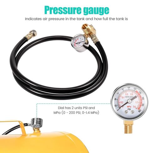 Air Tank Repair Kit w/Safety Valve 0-200 PSI Pressure Gauge and 4 Feet Air Tank Hose Assembly kit for Portable Carry Tanks Maintenance(Yellow) in Saudi Arabia