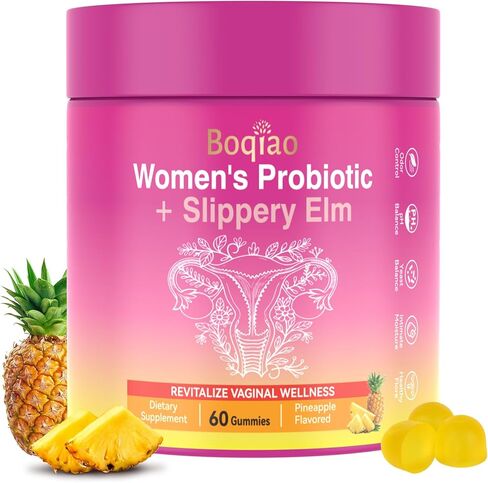Boqiao Feminine Probiotics Gummies with Slippery Elm - 60 Pineapple Gummies for Women ph Balance, Vaginal Probiotics Supports Flora, Gut Health & Immune System, Prebiotics & Lactobacillus Blend in Saudi Arabia