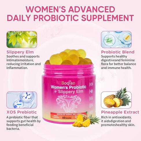 Boqiao Feminine Probiotics Gummies with Slippery Elm - 60 Pineapple Gummies for Women ph Balance, Vaginal Probiotics Supports Flora, Gut Health & Immune System, Prebiotics & Lactobacillus Blend in Saudi Arabia