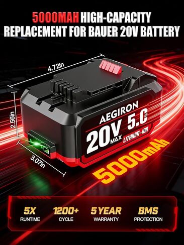 Upgraded 20V 5.0Ah High Capacity Battery, Replacement for Bauer 20V Lithium-Ion Battery, Fits Bauer Hypermax 20V Cordless Tools 1701C-B 1702C-B 1907C-B 2108C-B 2109C-B in Kuwait
