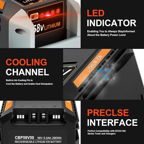 بديل 58 فولت لبطارية Echo 58V 5.0Ah CBP-58V40، لأداة الطاقة من سلسلة 58V MAX PRO CBP-58V2AH CHT-58V CDST-58V CPLB-58VBT CST-58V (رمادي)، لبطارية الصدى in Kuwait