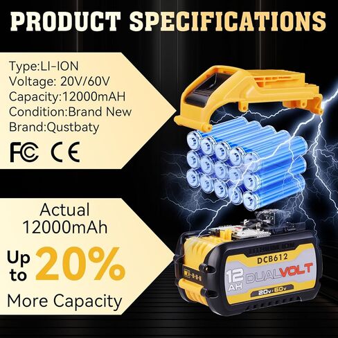2 حزمة ترقية عالية السعة 12.0Ah fle xv OLT 20V/60V MAX استبدال بطارية ليثيوم أيون لـ DW DCB606 DCB609 DCB612 متوافق مع أدوات الطاقة اللاسلكية والشواحن 20V/60V in Kuwait
