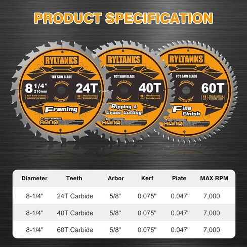 8-1/4 Inch Table Saw Blade/Circular Saw Blade, 5/8" Arbor, 24T for Framing&40T for Ripping, Cross Cutting&60T for Fine Finish Wood Cutting, 3-Pack in Kuwait