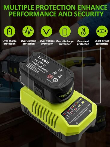 2 حزمة 18 فولت 8000 مللي أمبير بطارية ليثيوم أيون P108 مع استبدال شاحن P117 لبطارية Ryobi 18 فولت وشاحن كومبو P102 P103 P106 P107 P109 متوافق مع أدوات الطاقة اللاسلكية Ryobi 18 فولت in Kuwait