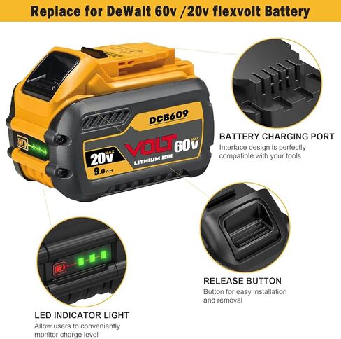 LONG FIT DCB609 60V MAX Replace for dewalt 60v max Battery, 20V/60V MAX 9.0Ah, Compatible with Original Power Tools and Chargers in Kuwait