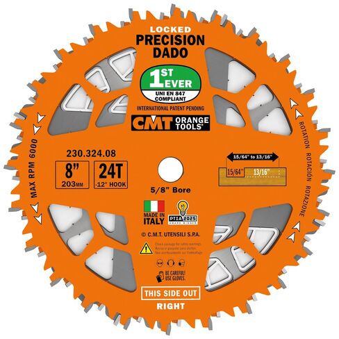 CMT 230.324.08 مجموعة Dado Pro ذات القفل الدقيق مع تصميم التقطيع المتشابك لأخاديد سفلية مسطحة خالية من الشظايا - قطر 8 بوصة، 24 سن، 5/8 بوصة in Kuwait