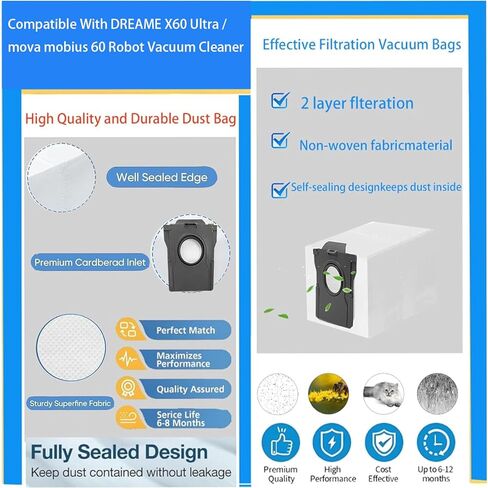 Replacement Dust Bags Compatible With DREAME X60 Max Ultra / X60 Ultra Robot Vacuum Cleaner, 10 Pack Spare Parts Accessories in Kuwait