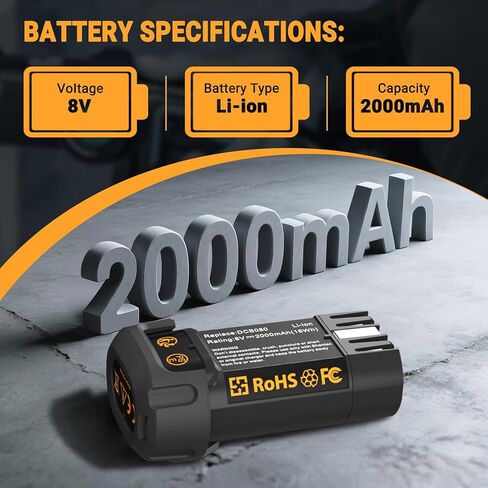 بديل Shentec 2000 مللي أمبير في الساعة 8 فولت متوافق مع DEWALT DCB080 Dewalt DCF680N1 DW4390 DCF680N2 DCF680G2، بطارية ليثيوم أيون (شاحن البطارية متضمن) in Kuwait