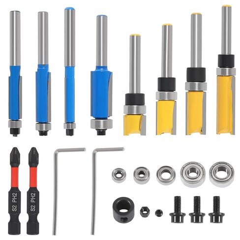 UMLIFE 8PCS Flush Trim Router Bit Set 1/4 Inch Shank Top Bearing Flush Trim Router Bit with Impact Magnetic Bits, Bearings, Wrenches, Tools for Woodworking Trimming Shavings in Kuwait