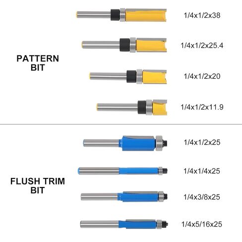 UMLIFE 8PCS Flush Trim Router Bit Set 1/4 Inch Shank Top Bearing Flush Trim Router Bit with Impact Magnetic Bits, Bearings, Wrenches, Tools for Woodworking Trimming Shavings in Kuwait