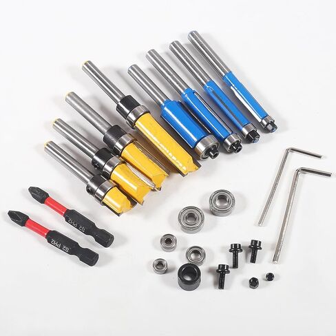 UMLIFE 8PCS Flush Trim Router Bit Set 1/4 Inch Shank Top Bearing Flush Trim Router Bit with Impact Magnetic Bits, Bearings, Wrenches, Tools for Woodworking Trimming Shavings in Kuwait