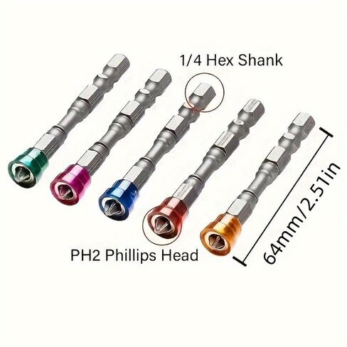 5PCS Magnetic Drill Bit Set Durable S2 Steel 65mm Phillips 1/4 Inch Hex Shank for DIY Workshop On-Site Repairs, Mix in Kuwait