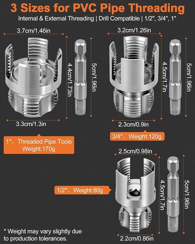 3PCS Carbon Steel Internal & External Pipe Threading Tool Set, 1/2", 3/4", 1" PVC Pipe Threader Kit with Gloves & Tape, Drill-Compatible for Smooth Threading, Plumbing Projects and Home Repairs in Kuwait