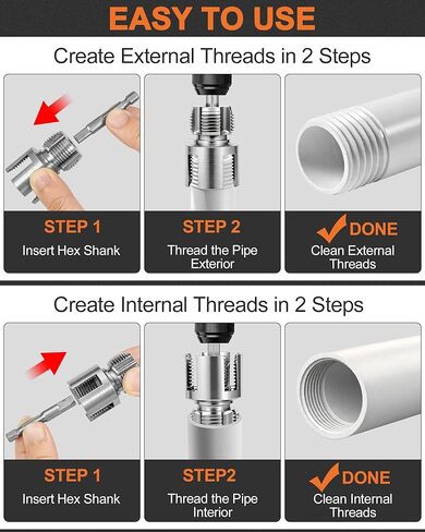 3PCS Carbon Steel Internal & External Pipe Threading Tool Set, 1/2", 3/4", 1" PVC Pipe Threader Kit with Gloves & Tape, Drill-Compatible for Smooth Threading, Plumbing Projects and Home Repairs in Kuwait