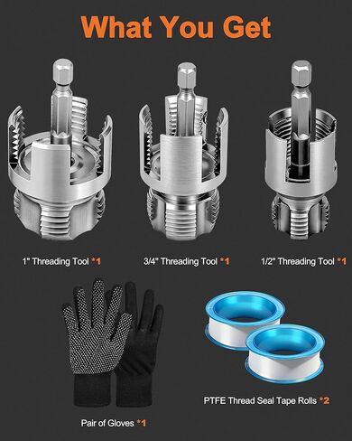 3PCS Carbon Steel Internal & External Pipe Threading Tool Set, 1/2", 3/4", 1" PVC Pipe Threader Kit with Gloves & Tape, Drill-Compatible for Smooth Threading, Plumbing Projects and Home Repairs in Kuwait