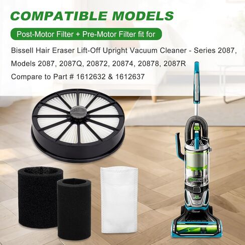 استبدال مرشحات 2087 متوافق مع ممحاة الشعر Bissell 2087 Series Lift-Off Upright Vacuum 20871 2087 20872 20874 20878 2087R 2087Q مقارنة بالجزء 1612637 و1612631 (مجموعة 1+1) in Kuwait