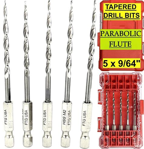 FTG USA 5 Pc 9/64" (#6) Parabolic Flute Tapered Drill Bits for Wood, Replacement for Countersink Drill Bit Set, in Storage Container in Kuwait