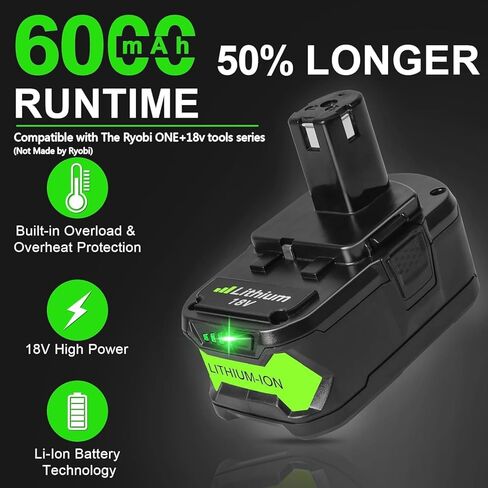 2 حزمة بطارية 6.0 أمبير متوافقة مع أدوات Ryobi 18V ONE+ - تعمل مع بطارية ليثيوم PCL235B PCL430B PCL500B RHV18-0 P262 P102 P103 P104 P105 P107 P108 بطارية ليثيوم (غير مصنوعة بواسطة Ryobi) in Saudi Arabia