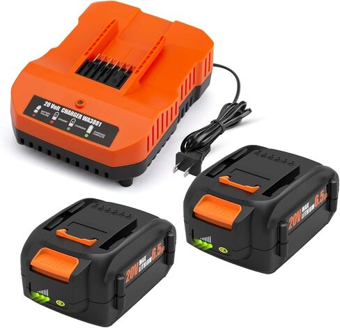 YSTASTERIS 2 Pack 6.5Ah Replacement for Worx Battery 20V Compatible with Worx 20 Volt Lithium WA3575 WA3578 WA3520 WA3525 and Charger in Kuwait