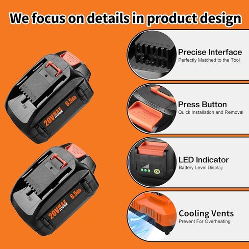 YSTASTERIS 2 Pack 6.5Ah Replacement for Worx Battery 20V Compatible with Worx 20 Volt Lithium WA3575 WA3578 WA3520 WA3525 and Charger in Kuwait