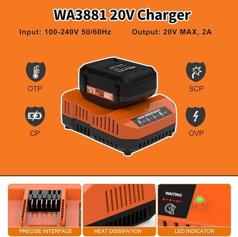 YSTASTERIS 2 Pack 6.5Ah Replacement for Worx Battery 20V Compatible with Worx 20 Volt Lithium WA3575 WA3578 WA3520 WA3525 and Charger in Kuwait