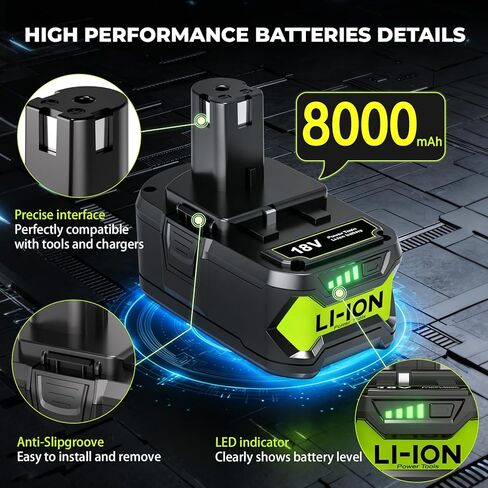 2-Pack 8000mAh Replacement for Ryobi 18v Battery and Charger Compatible with Ryobi 18 Volt Battery ONE+ Plus P102 P103 P104 P105 P107 P108 P109 P122 P190 Cordless Power Tools in Kuwait