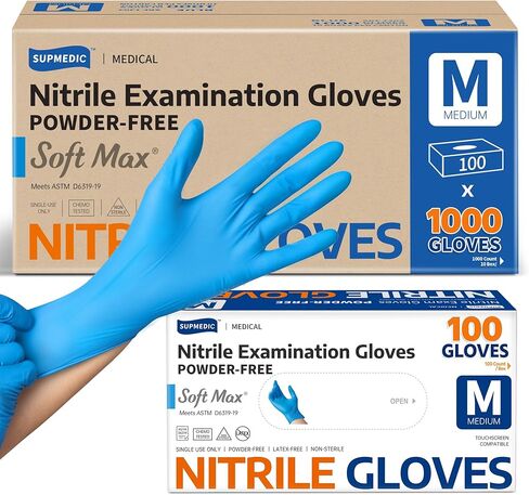 قفازات Supmedic الطبية Soft Max™ Nitrile Exam Exam، 1000 قطعة خالية من اللاتكس وخالية من البودرة وآمنة للطعام والطهي النظيف للاستعمال مرة واحدة باللون الأزرق in Kuwait