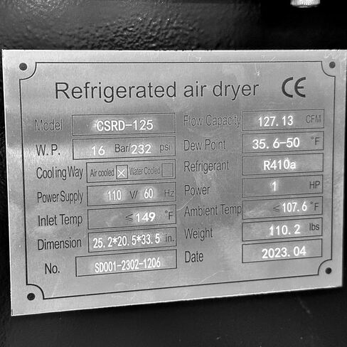 Compressor Source CSRD-125 125 CFM Refrigerated Air Dryer for 20-30 HP Air Compressors 110V with Automatic Electronic Timer Drain and Integrated Electronic Display in Kuwait
