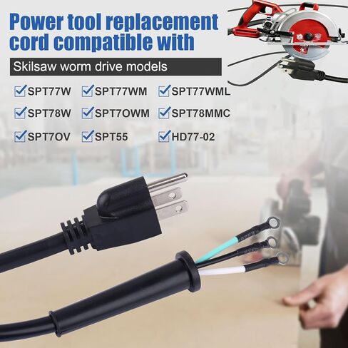95104L استبدال سلك الطاقة منشار دائري، متوافق مع منشار محرك الدودة SKILSAW SPT77WM SPT78W SPT55 SPT70V سلك طاقة متين شديد التحمل، مناسب لمنشار دائري SKIL M77 77 قطع غيار الأدوات الكهربائية in Kuwait