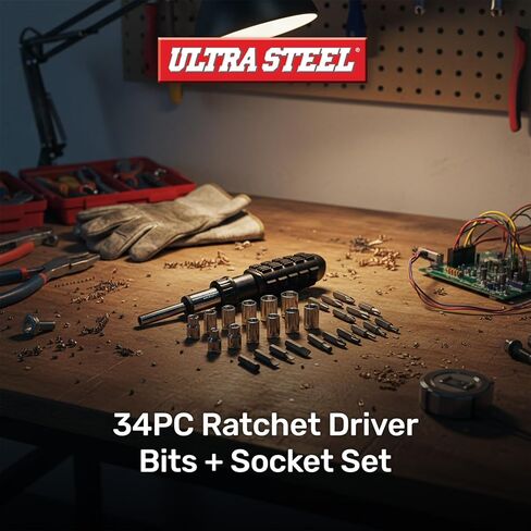 34PC Reversible Ratchet Wrench Driver Set with Bits and Sockets, CR-V Steel, Cushion Handle, Metric and SAE in Kuwait