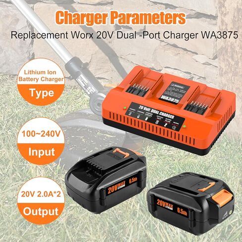Powilling 2 حزمة 6.5Ah استبدال لبطارية Worx 20V وشاحن مزدوج متوافق مع بطارية Worx 20V WA3674 WA3575 WA3525 WA3520 WG151s WG155s WG545s in Kuwait