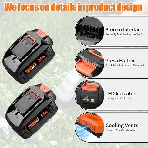 Powilling 2 حزمة 6.5Ah استبدال لبطارية Worx 20V وشاحن مزدوج متوافق مع بطارية Worx 20V WA3674 WA3575 WA3525 WA3520 WG151s WG155s WG545s in Kuwait