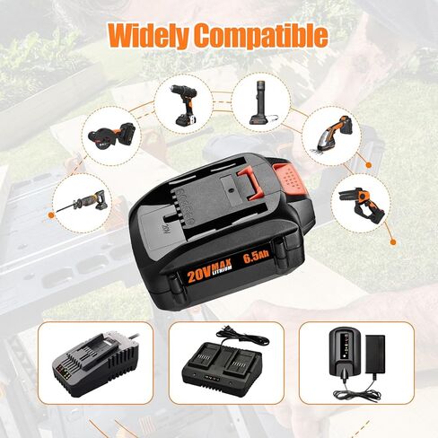 Powilling 2 حزمة 6.5Ah استبدال لبطارية Worx 20V وشاحن مزدوج متوافق مع بطارية Worx 20V WA3674 WA3575 WA3525 WA3520 WG151s WG155s WG545s in Kuwait