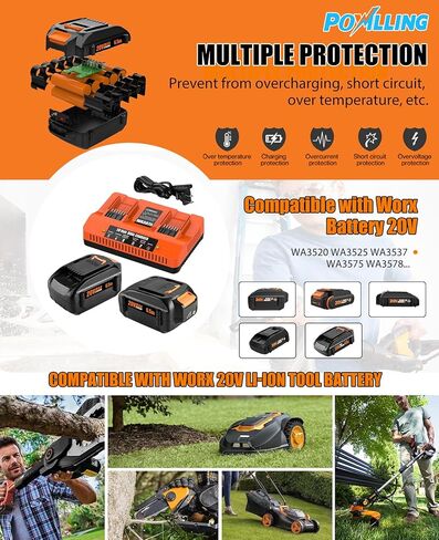Powilling 2 حزمة 6.5Ah استبدال لبطارية Worx 20V وشاحن مزدوج متوافق مع بطارية Worx 20V WA3674 WA3575 WA3525 WA3520 WG151s WG155s WG545s in Kuwait